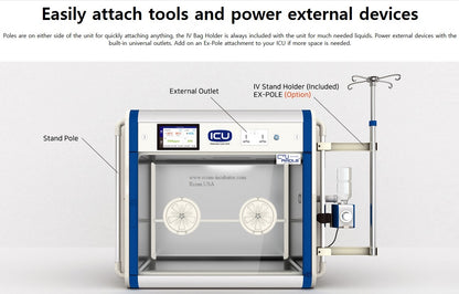 ICU 160 V2 by Rcom USA,"Incubator on wheeled stand with IV pole and outlet box"