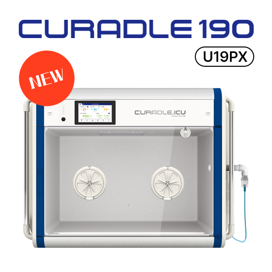 ICU 190 by Rcom USA,"Front view of incubator with clear chamber and two circular glove ports"