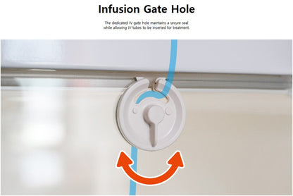 ICU 190 by Rcom USA,"Close-up of round infusion gate hole with tube inserted"