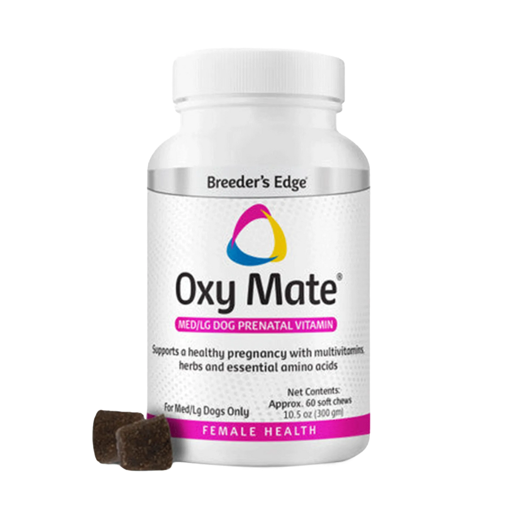 Breeder's Edge® Oxy Mate® Prenatal,"White supplement bottle with two brown soft chews"