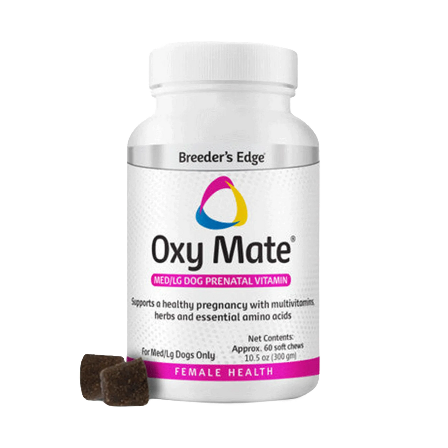 Breeder's Edge® Oxy Mate® Prenatal,"White supplement bottle with two brown soft chews"