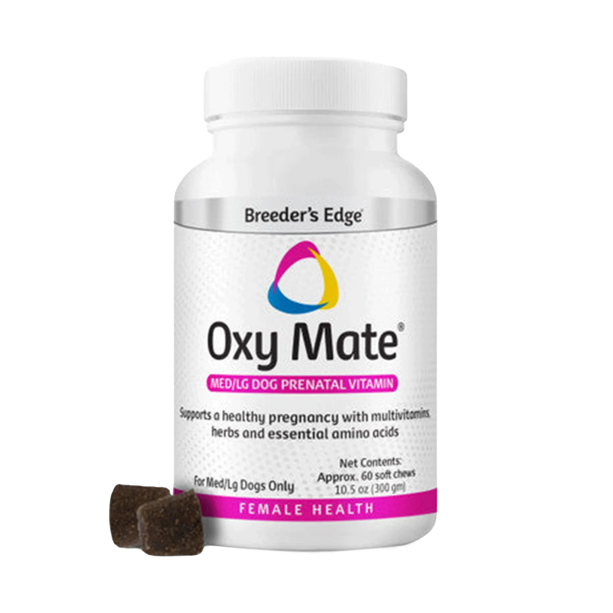 Breeder's Edge® Oxy Mate® Prenatal,"White supplement bottle with two brown soft chews"