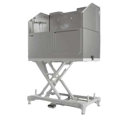 Dog Grooming Electric Tub with Lift-up Door by Waggz,"Stainless steel grooming tub on scissor lift base"