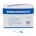 Winged Infusion Set,"Box with tubing and blue winged needle set"