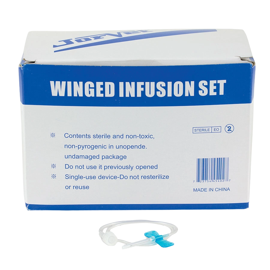Winged Infusion Set,"Box with tubing and blue winged needle set"