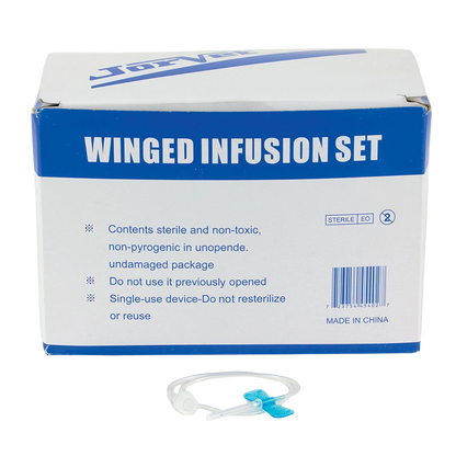 Winged Infusion Set,"Box with tubing and blue winged needle set"
