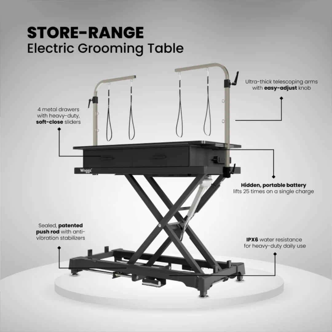 "50"" Dog Grooming 999P Electric Table with Drawer by Waggz","Black electric grooming table with two arms and four drawers"