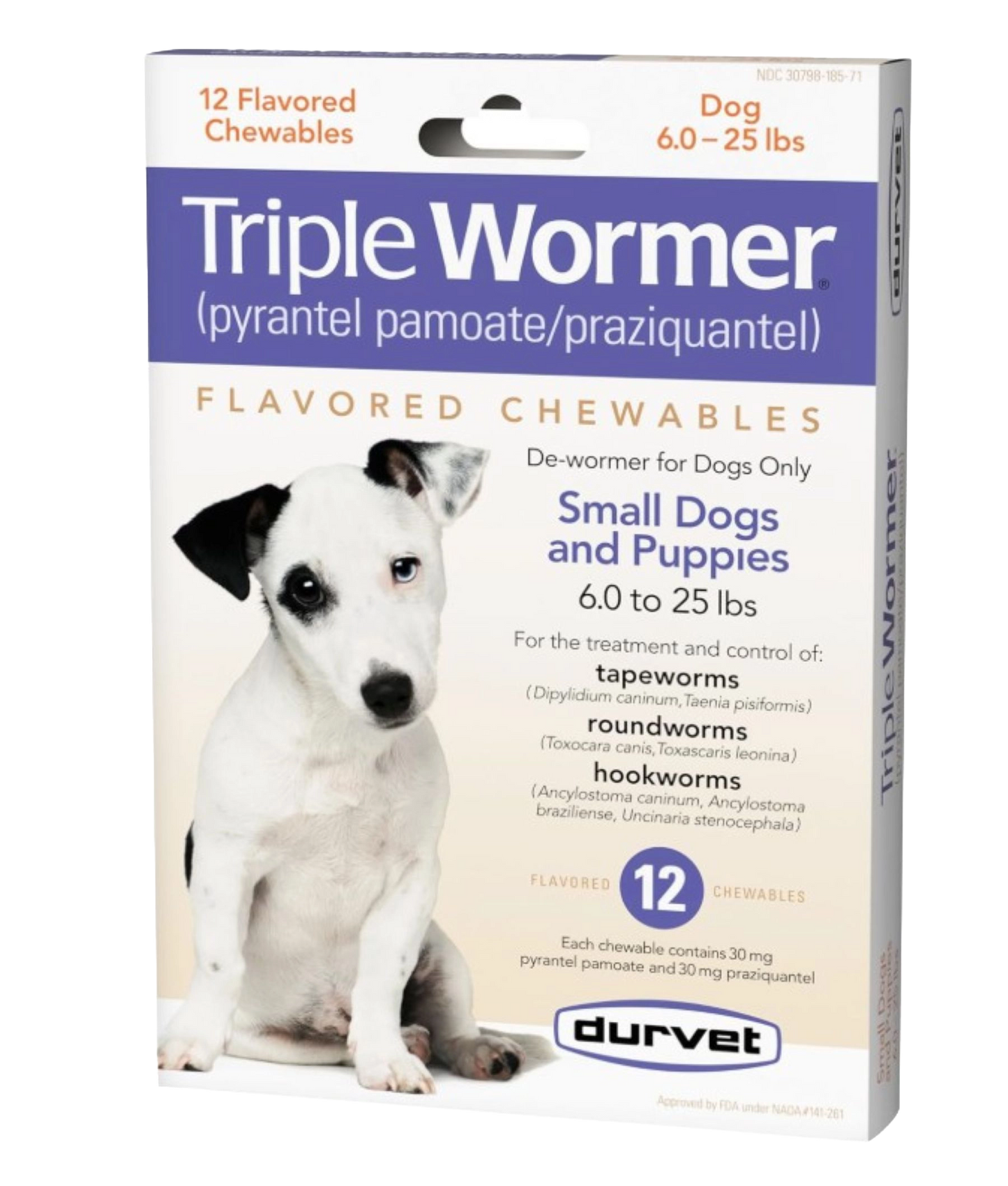 Triple Wormer®,"Front view of box with dog image and 12 chewable tablets"