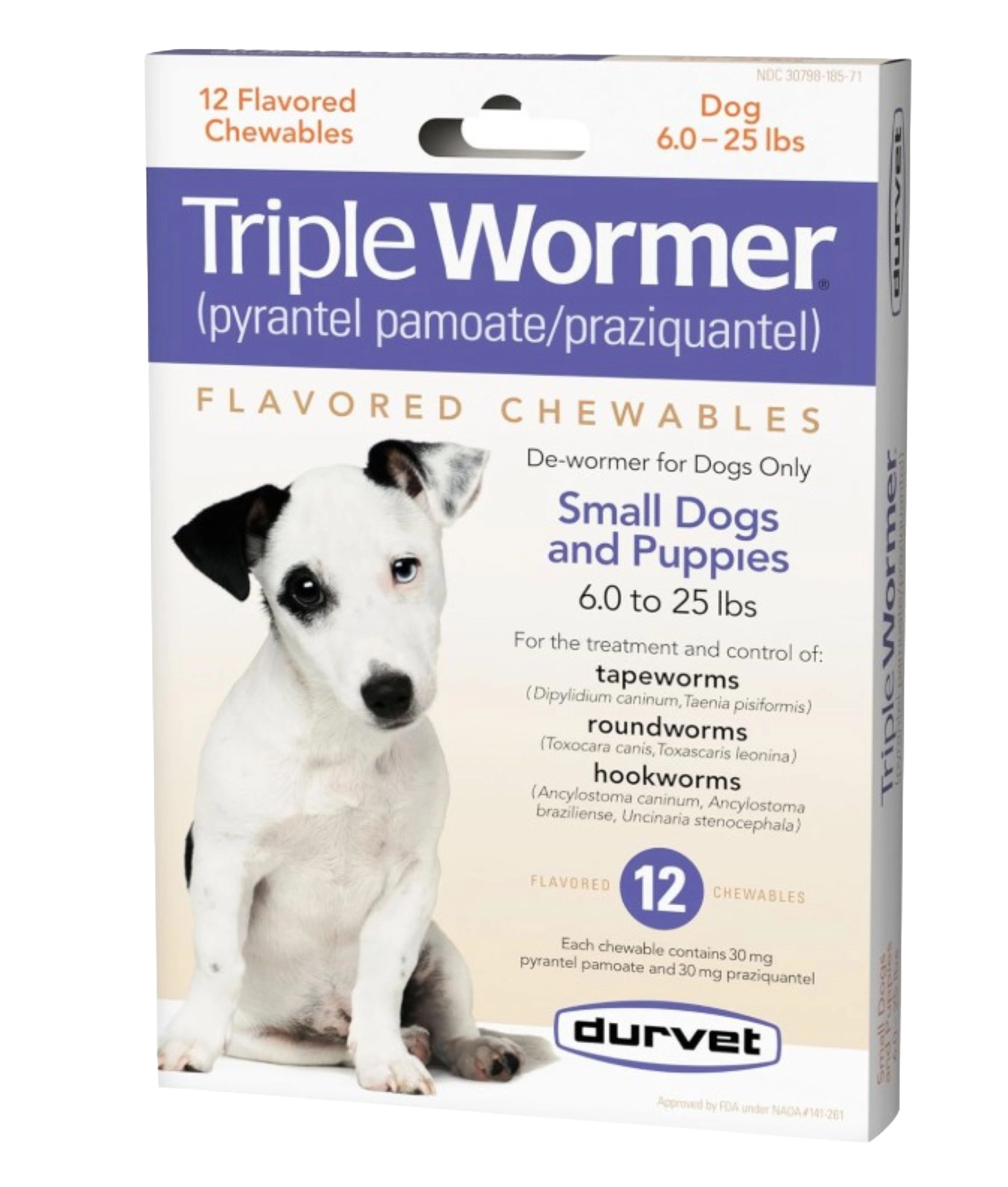 Triple Wormer®,"Front view of box with dog image and 12 chewable tablets"