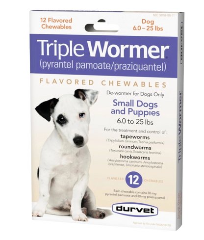 Triple Wormer®,"Front view of box with dog image and 12 chewable tablets"