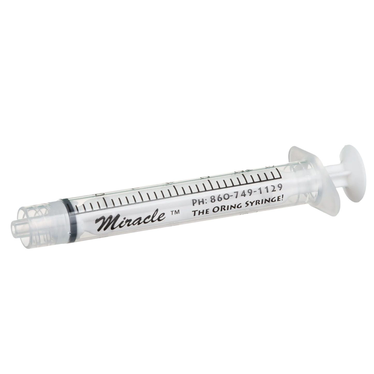 Miracle Nipple O-ring Syringe,"Clear angled syringe with black plunger ring"