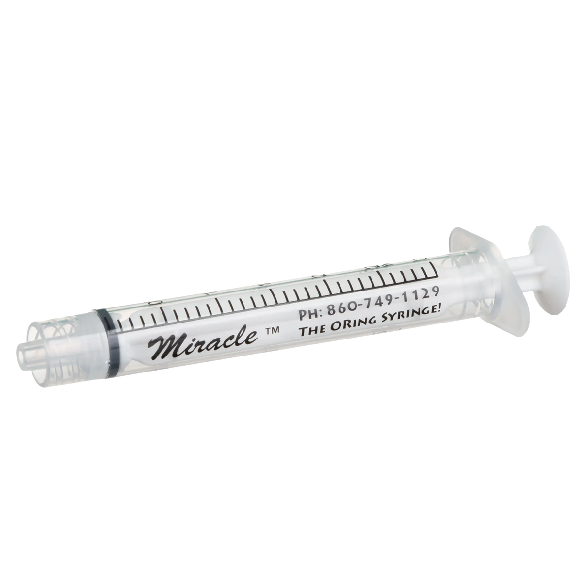 Miracle Nipple O-ring Syringe,"Clear angled syringe with black plunger ring"