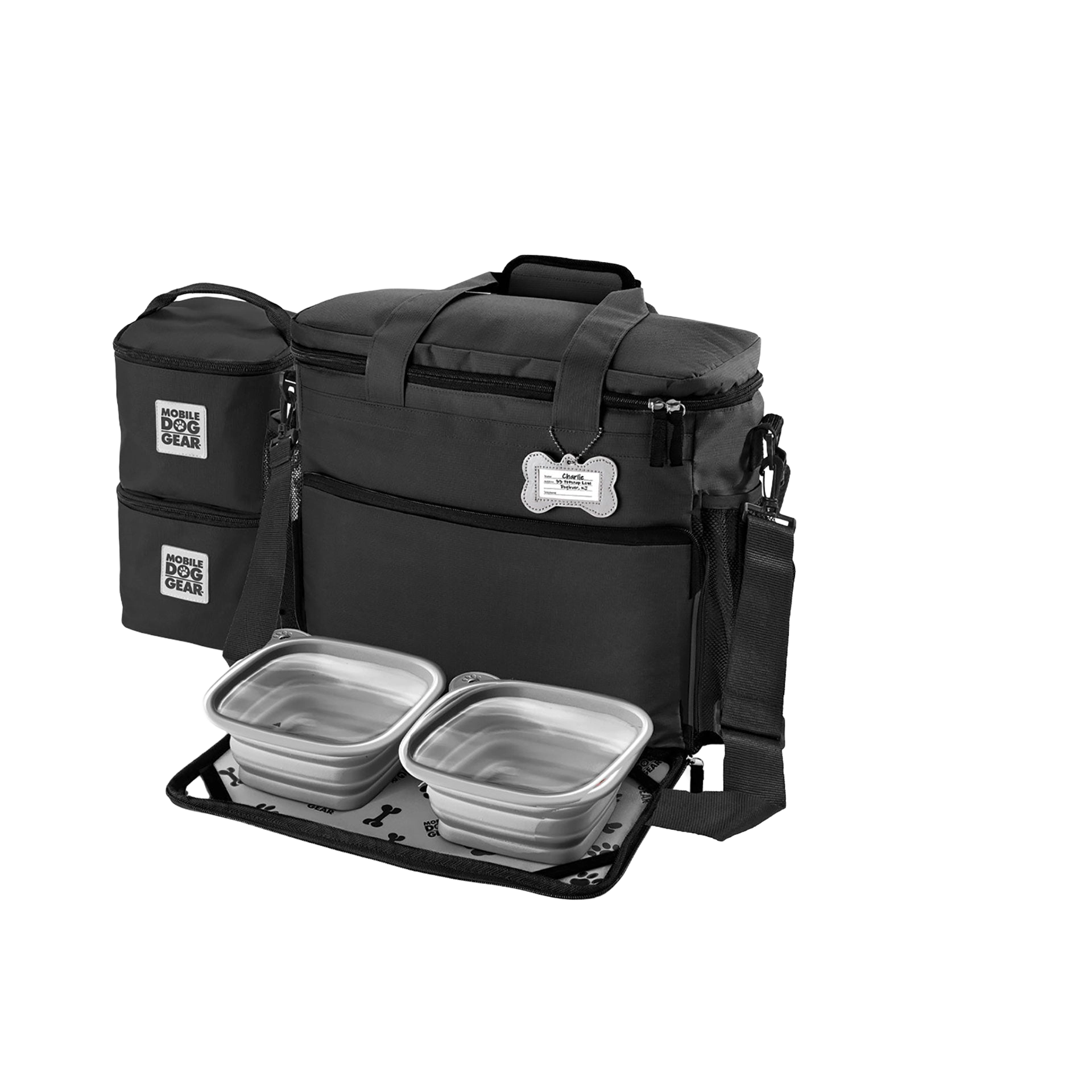 Week Away® Tote Bag,"Black tote bag with shoulder strap, side container, and two collapsible bowls"