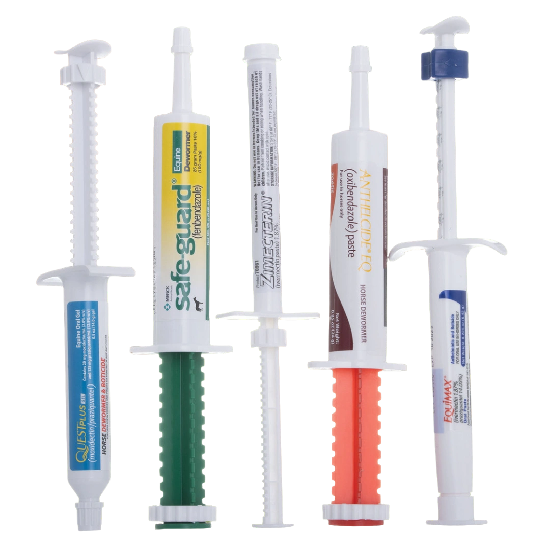 Annual Equine Dewormer Bundle,"Five horse dewormer paste syringes with assorted colored labels"