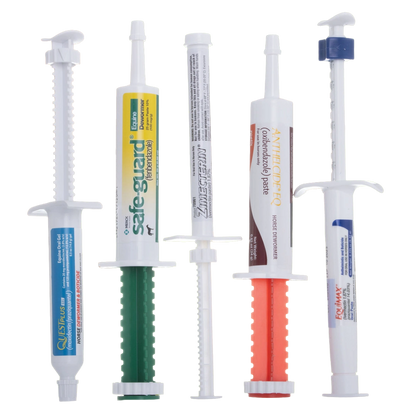 Annual Equine Dewormer Bundle,"Five horse dewormer paste syringes with assorted colored labels"