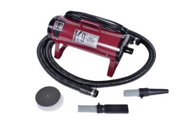 K-9 I Dog Dryer,"Red dog dryer with hose and three nozzle attachments"