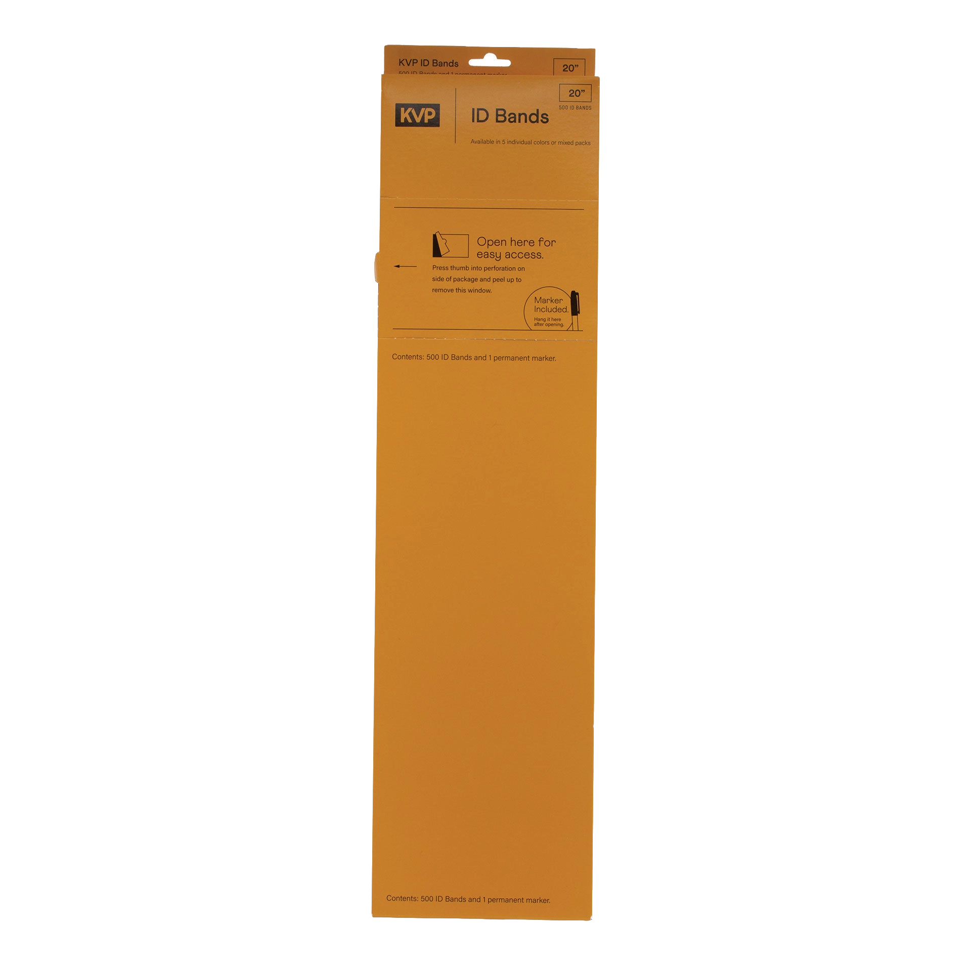 KVP ID Bands,"Long orange dispenser box with hanging tab"