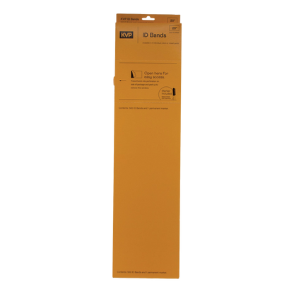 KVP ID Bands,"Long orange dispenser box with hanging tab"