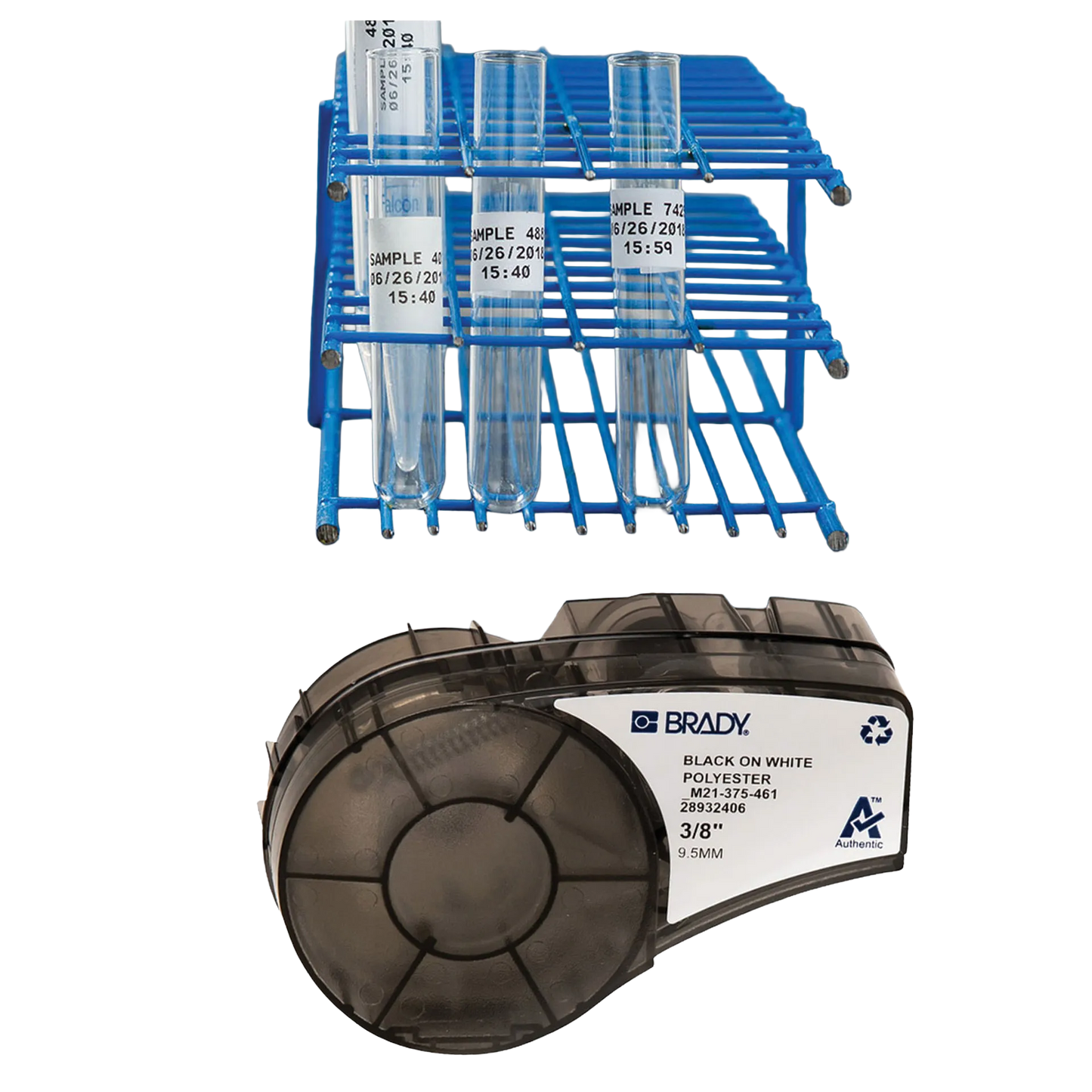 Lab Label Printer and Self-Laminating Cryogenic Polyester Labels,"Labeled test tubes in blue rack with label cartridge"