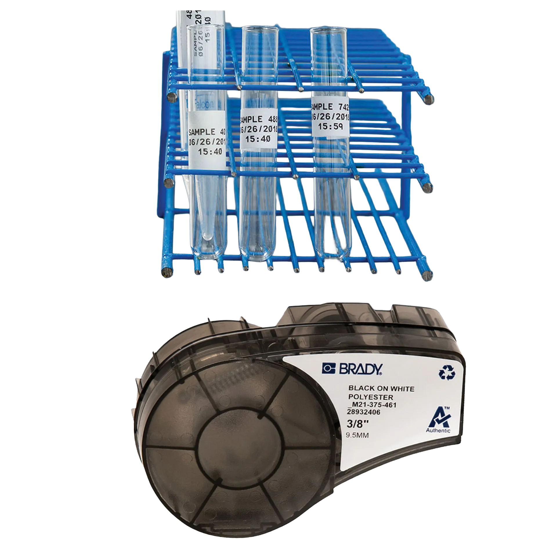 Lab Label Printer and Self-Laminating Cryogenic Polyester Labels,"Labeled test tubes in blue rack with label cartridge"