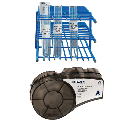 Lab Label Printer and Self-Laminating Cryogenic Polyester Labels,"Labeled test tubes in blue rack with label cartridge"