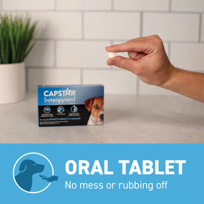 Capstar™,"Hand holding round tablet above product box"