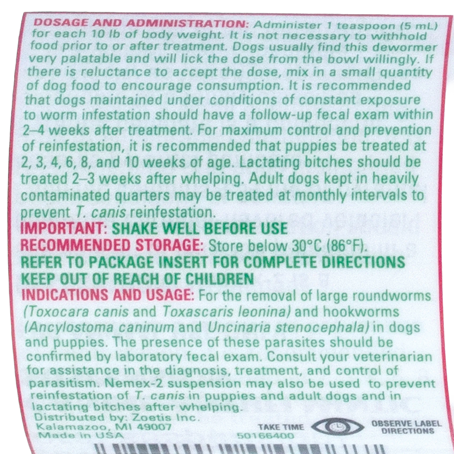 Nemex®-2 Dewormer for Dogs,"Back label with dosage directions and barcode"