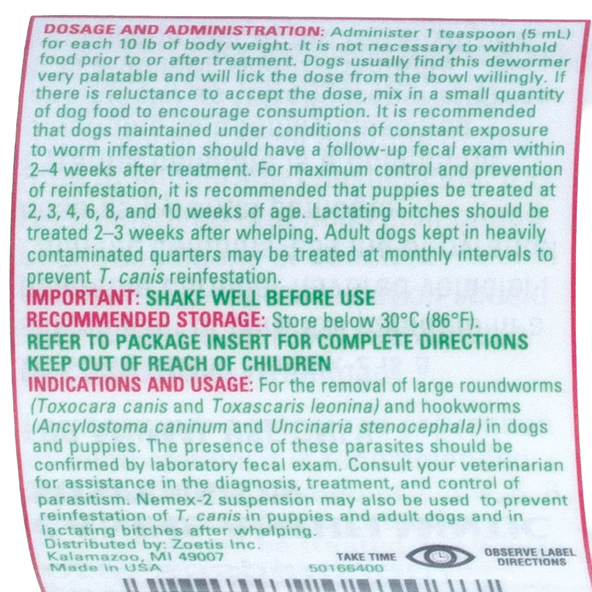 Nemex®-2 Dewormer for Dogs,"Back label with dosage directions and barcode"