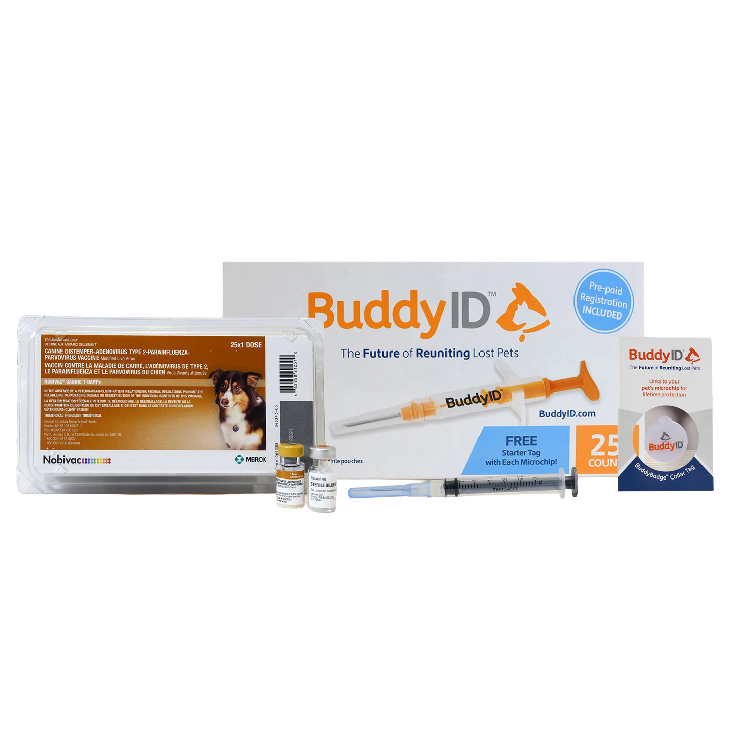 Deluxe Puppy Vaccination and Microchip Bundle,"Vaccine tray with two vials, syringe, microchip box, and collar tag"