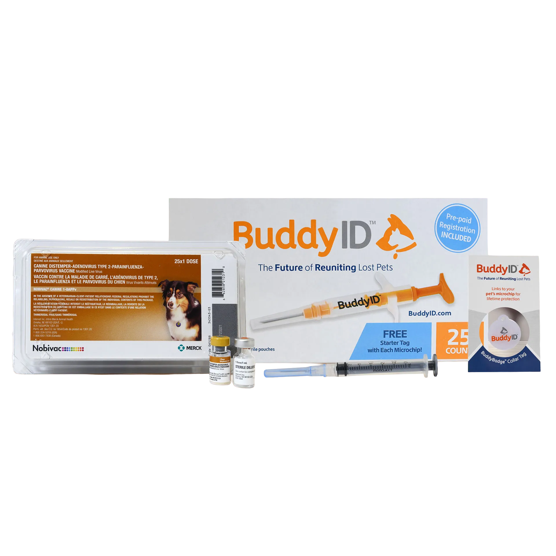 Deluxe Puppy Vaccination and Microchip Bundle,"Vaccine tray with two vials, syringe, microchip box, and collar tag"
