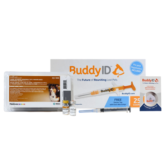 Deluxe Puppy Vaccination and Microchip Bundle,"Vaccine tray with two vials, syringe, microchip box, and collar tag"