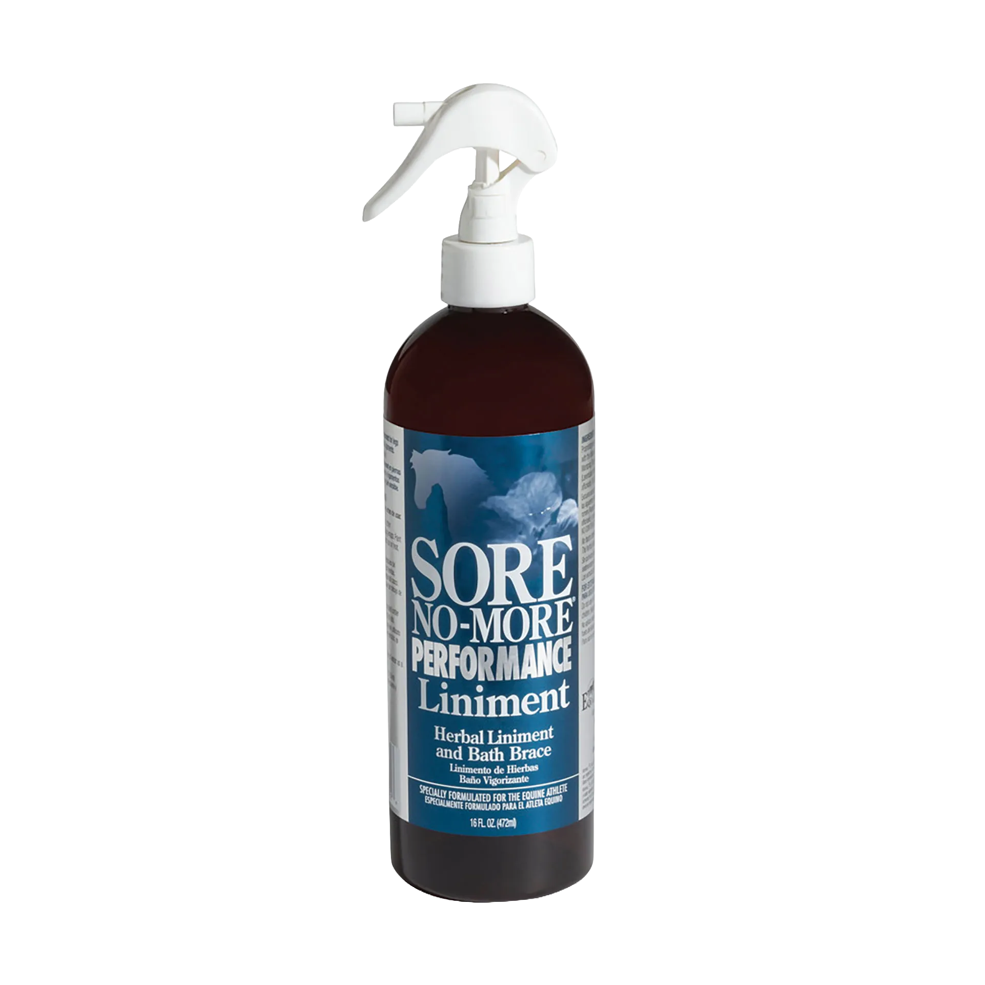 Sore No-More® Performance Liniment,"Brown bottle with white trigger sprayer and blue label"