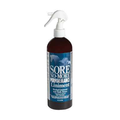 Sore No-More® Performance Liniment,"Brown bottle with white trigger sprayer and blue label"