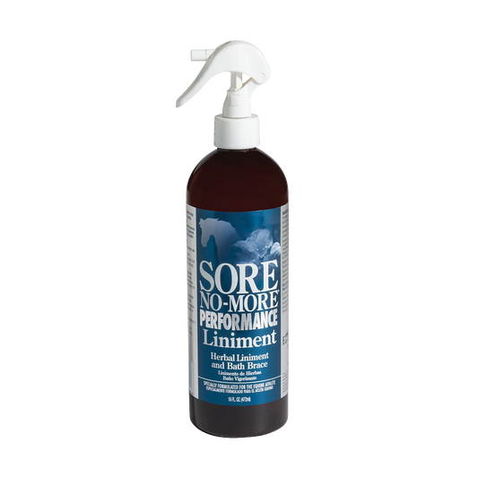 Sore No-More® Performance Liniment,"Brown bottle with white trigger sprayer and blue label"