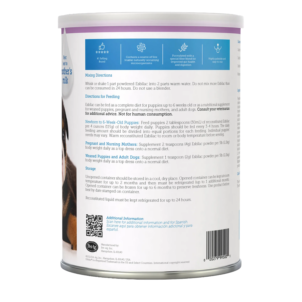 Esbilac® Puppy Milk Replacer,"Back of powdered milk replacer canister"