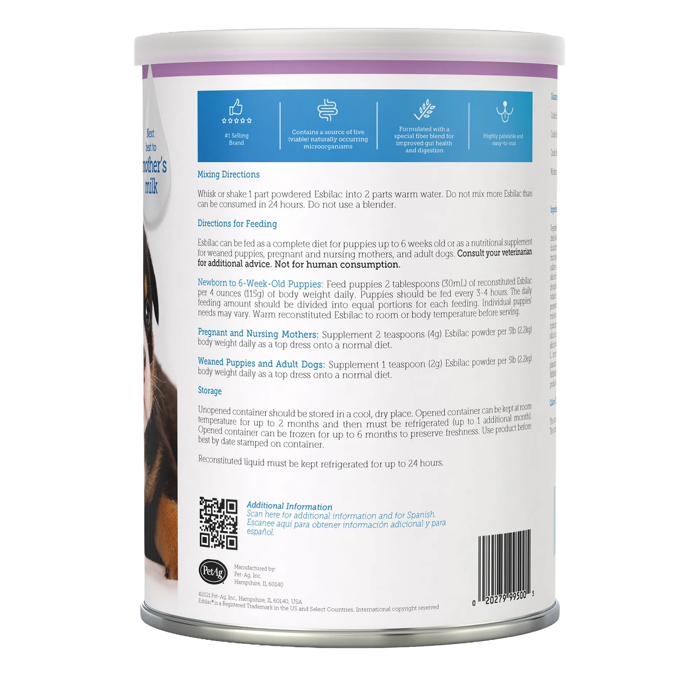 Esbilac® Puppy Milk Replacer,"Back of powdered milk replacer canister"
