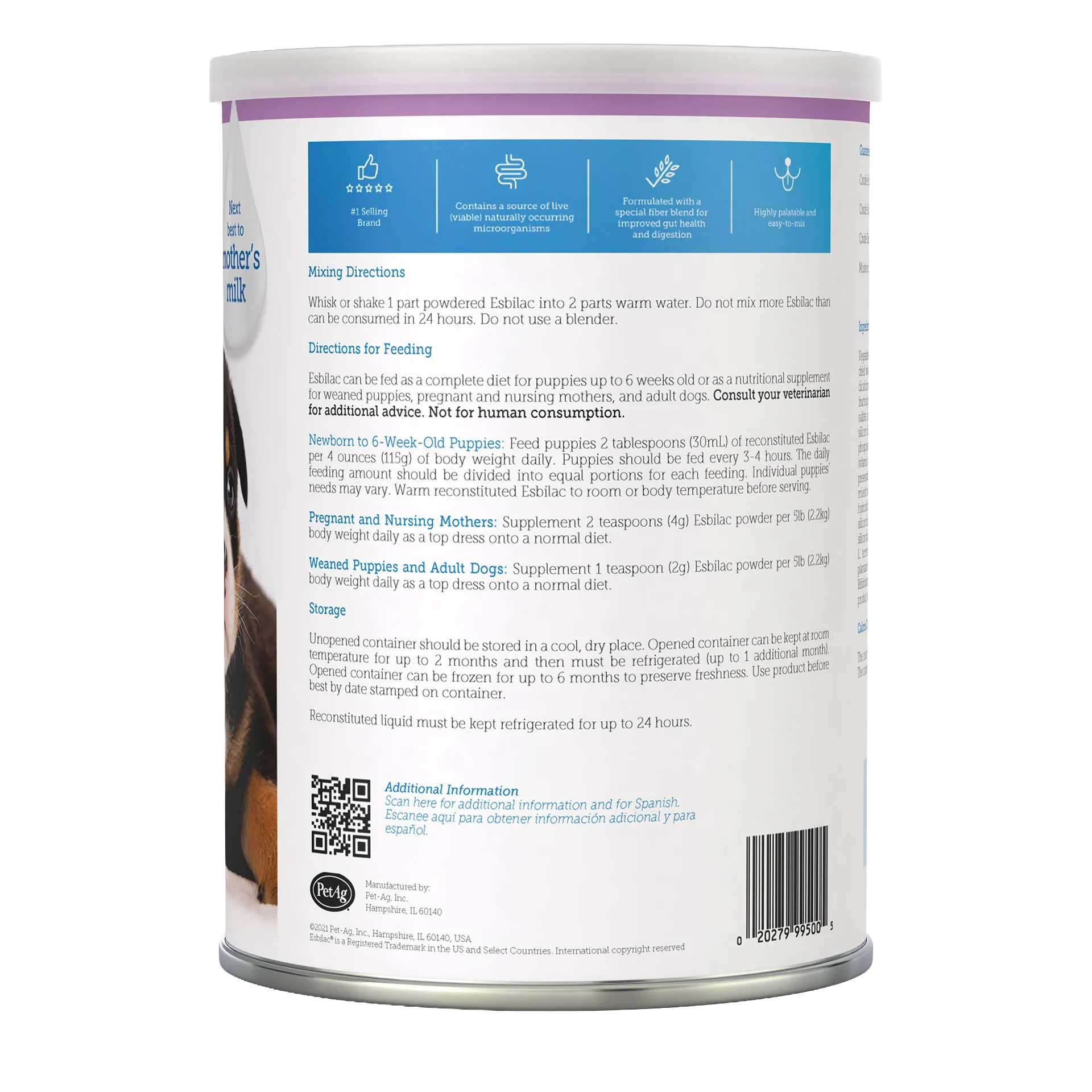 Esbilac® Puppy Milk Replacer,"Back of powdered milk replacer canister"