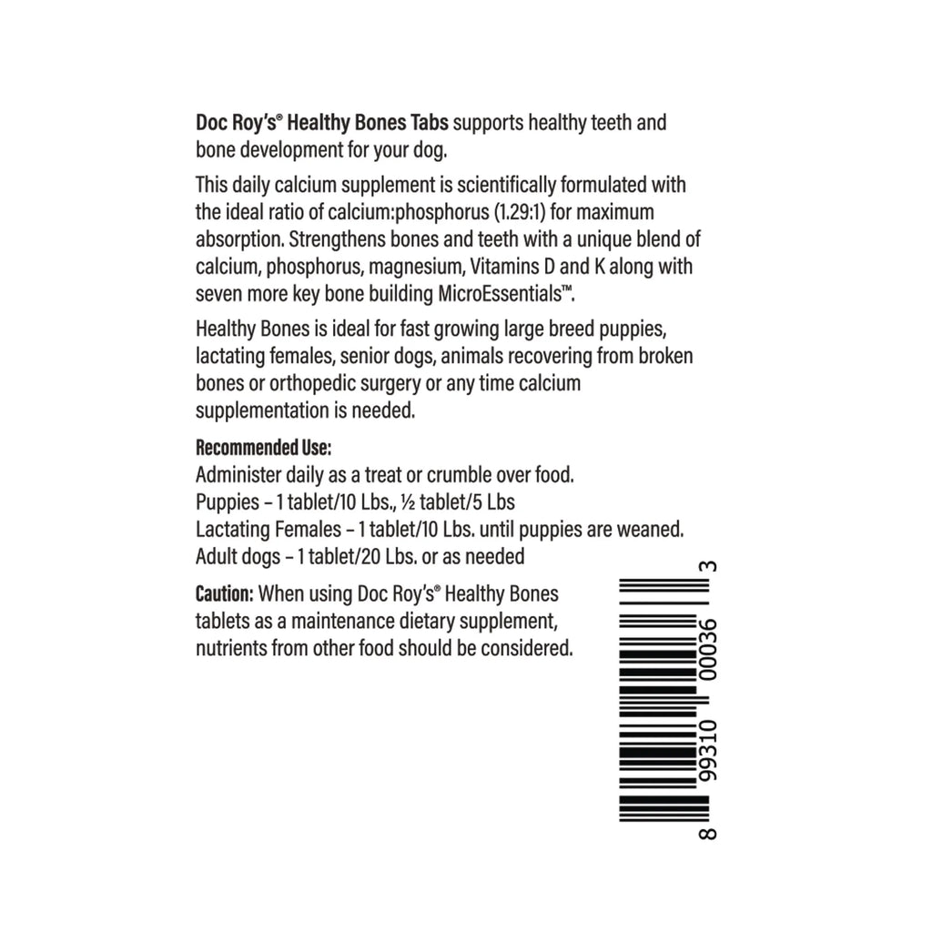 Doc Roy's® Healthy Bones - Bone Health Vitamins for Dogs & Cats,"Back of package with supplement facts panel and barcode"