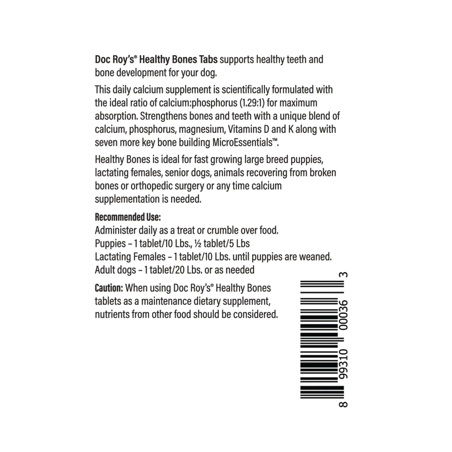 Doc Roy's® Healthy Bones - Bone Health Vitamins for Dogs & Cats,"Back of package with supplement facts panel and barcode"