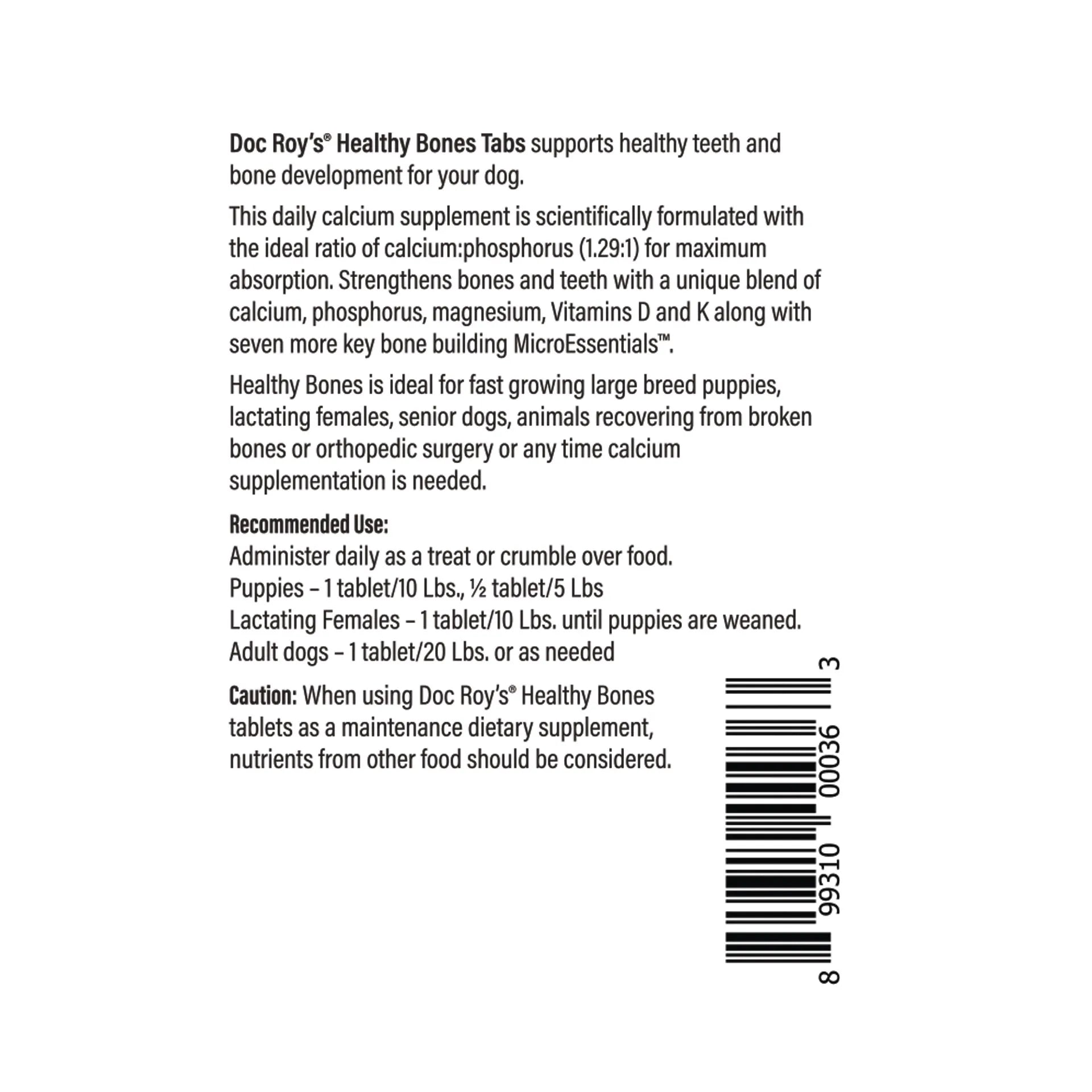 Doc Roy's® Healthy Bones - Bone Health Vitamins for Dogs & Cats,"Back of package with supplement facts panel and barcode"