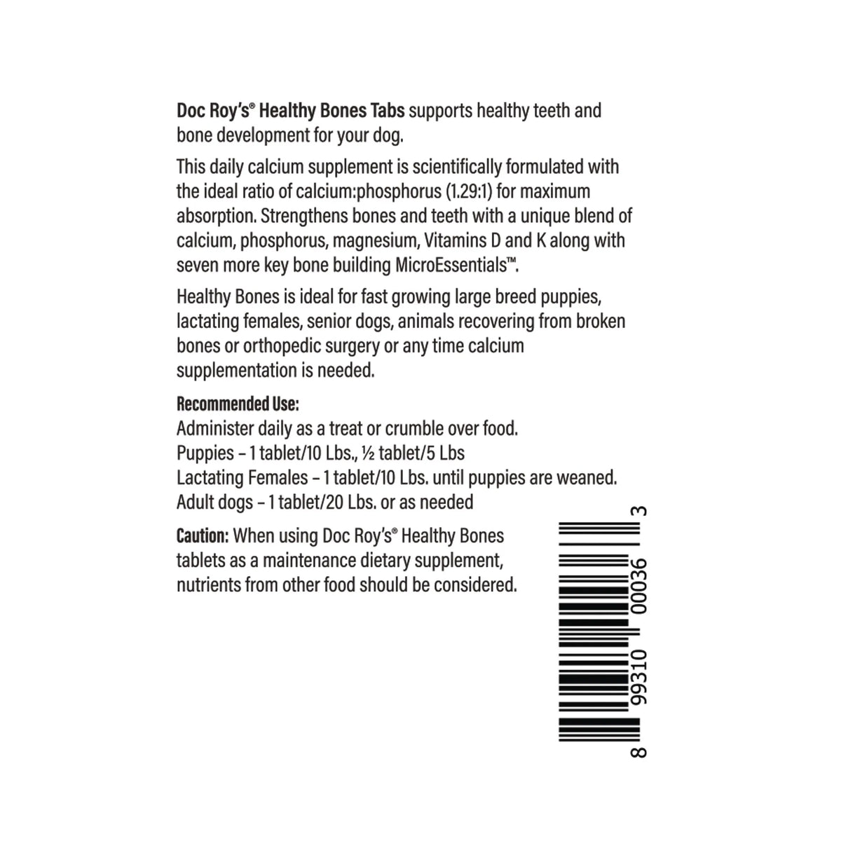 Doc Roy's® Healthy Bones - Bone Health Vitamins for Dogs & Cats,"Back of package with supplement facts panel and barcode"