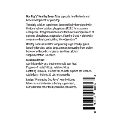 Doc Roy's® Healthy Bones - Bone Health Vitamins for Dogs & Cats,"Back of package with supplement facts panel and barcode"