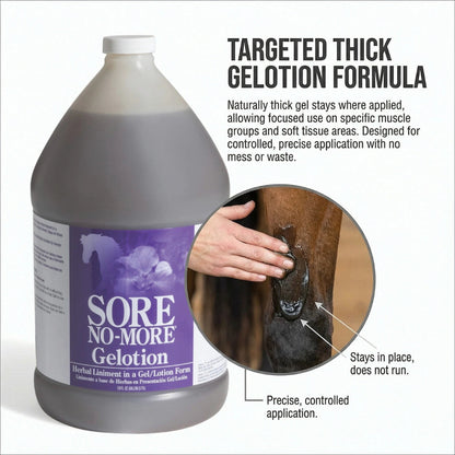 Sore No-More® Classic Gelotion,"Large bottle with gel being applied to a horse leg"