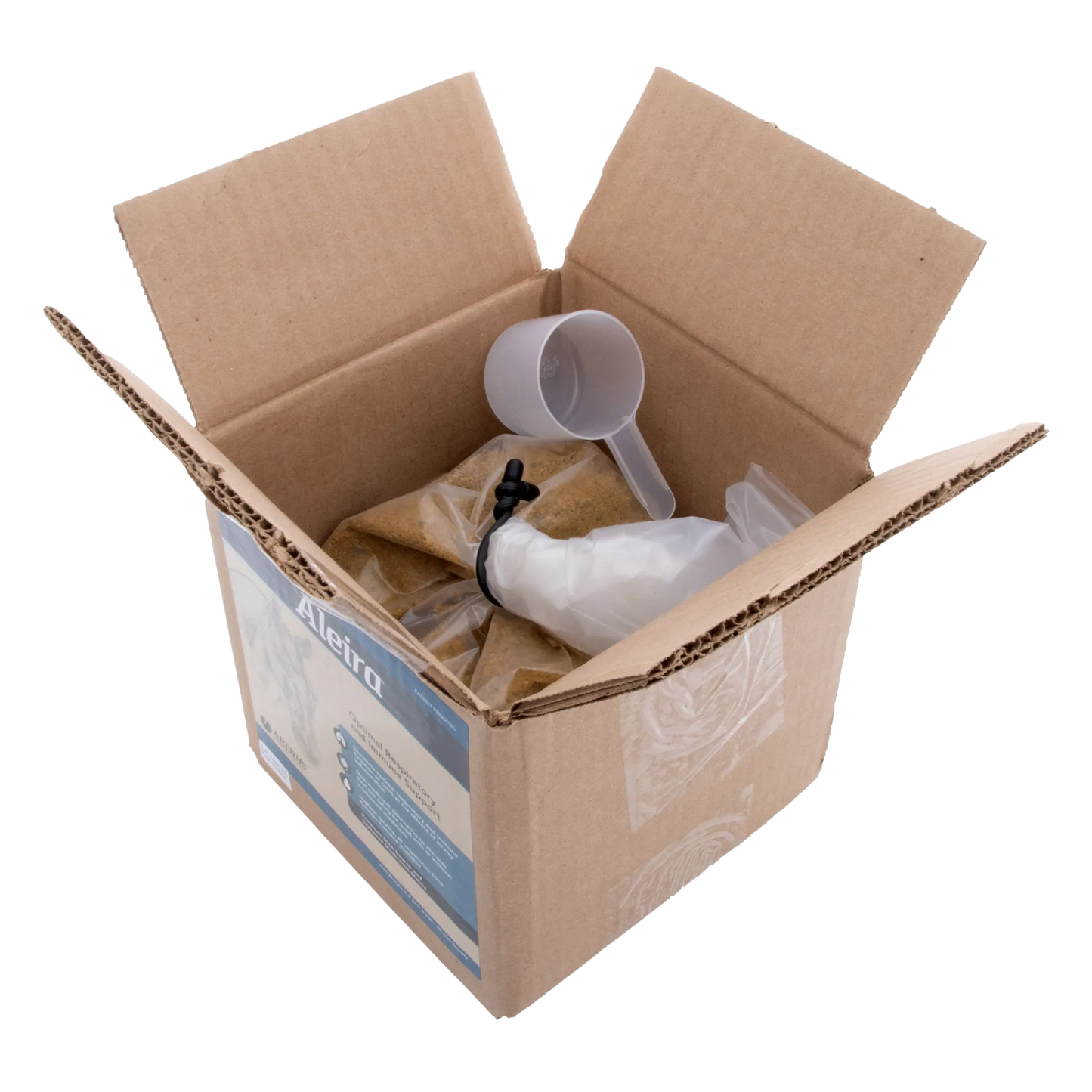 Aleira®,"Open box with powder pouch, clear scoop, and empty bag"