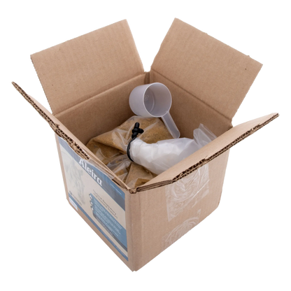 Aleira®,"Open box with powder pouch, clear scoop, and empty bag"