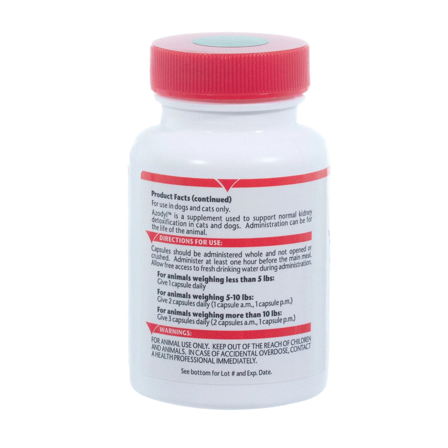 Azodyl™ Caps Small Capsules,"White bottle with red cap, back label view"