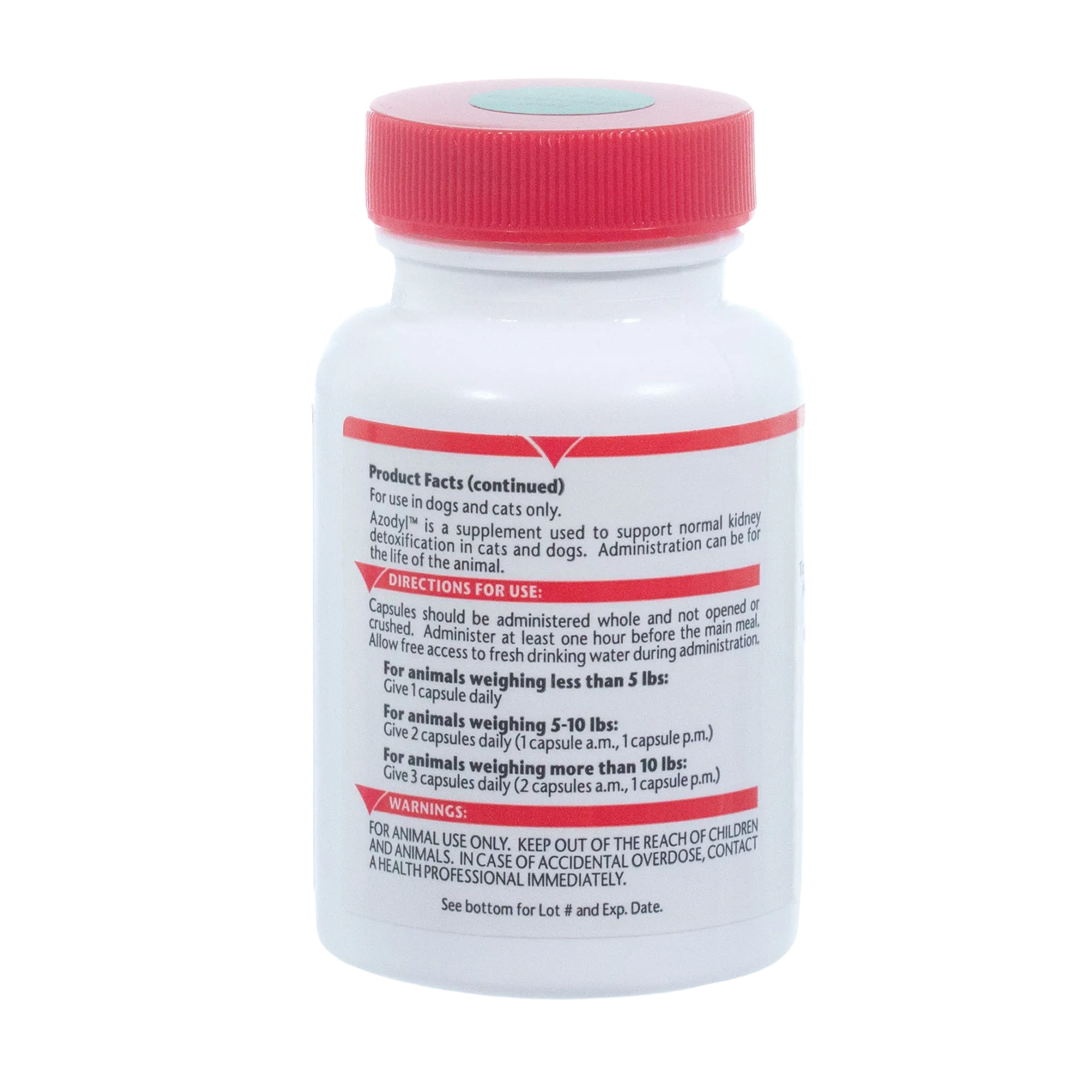 Azodyl™ Caps Small Capsules,"White bottle with red cap, back label view"