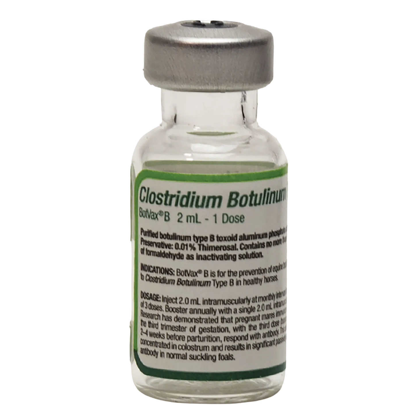 BotVax® B,"Clear glass vial with silver cap and green-bordered label"