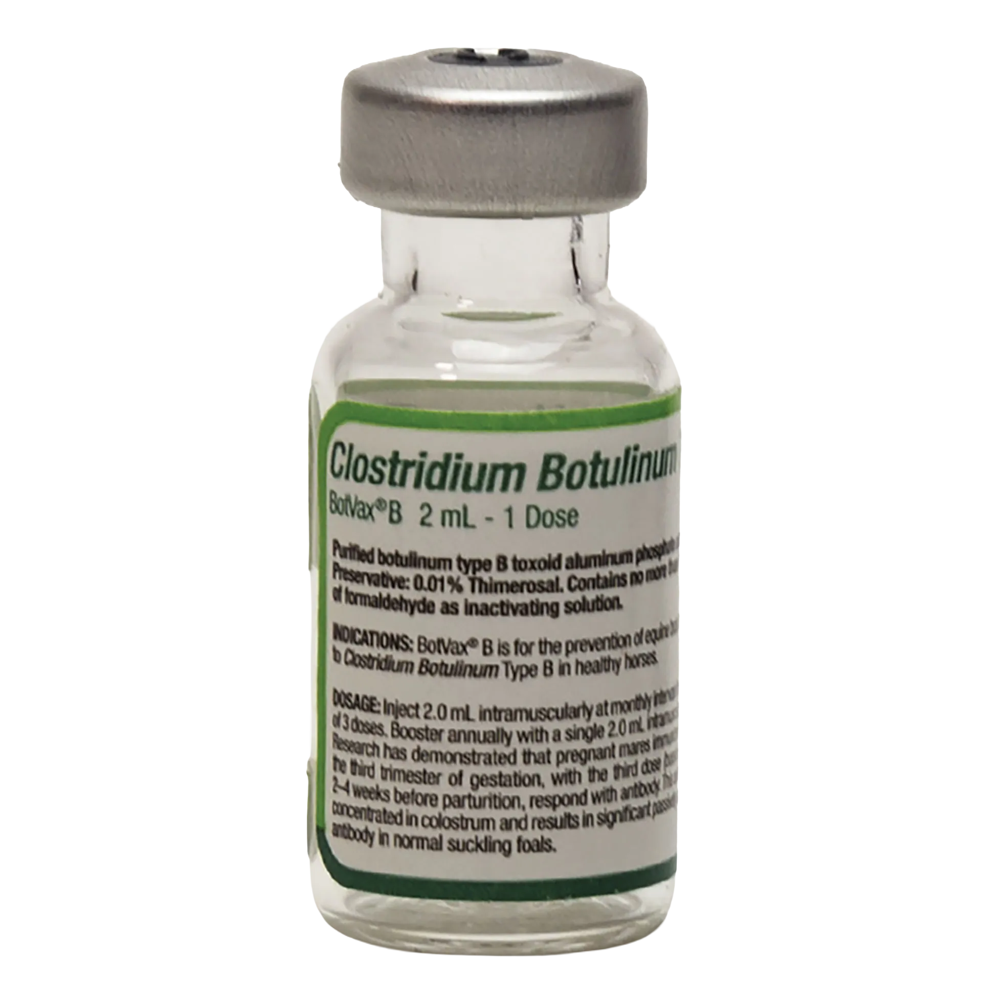 BotVax® B,"Clear glass vial with silver cap and green-bordered label"