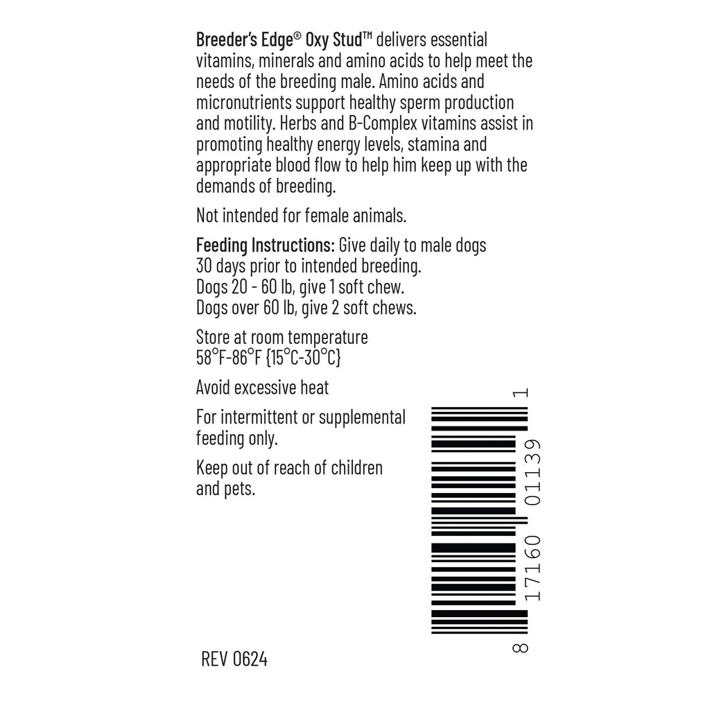 Breeder's Edge® Oxy Stud™,"Back label panel with feeding instructions and barcode"